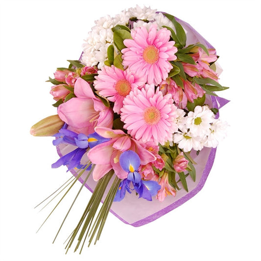 Mixed bouquet in pink, white and blue tones for delivery in Italy.